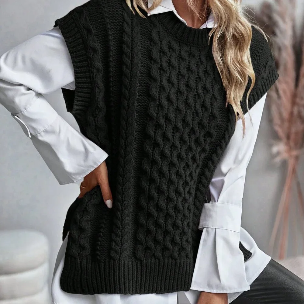 Black Casual Women's Cable Knitted Sleeveless Sweater Vest